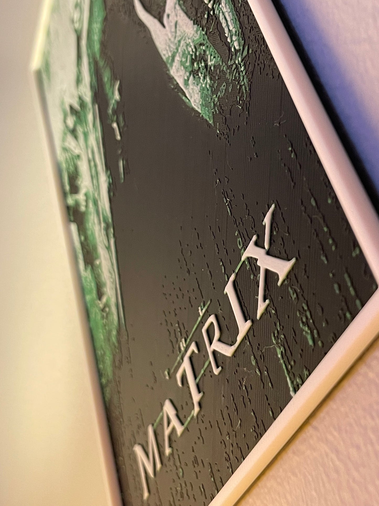 Close-up of a 'The Matrix' cover with a blurred background