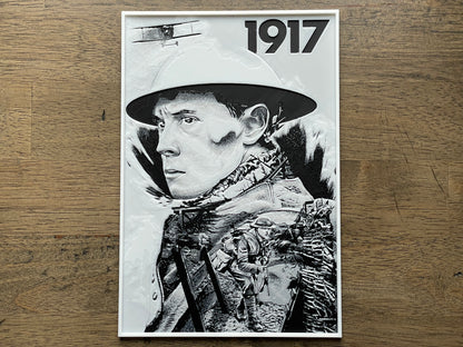 Poster of a soldier with '1917' on a wooden surface