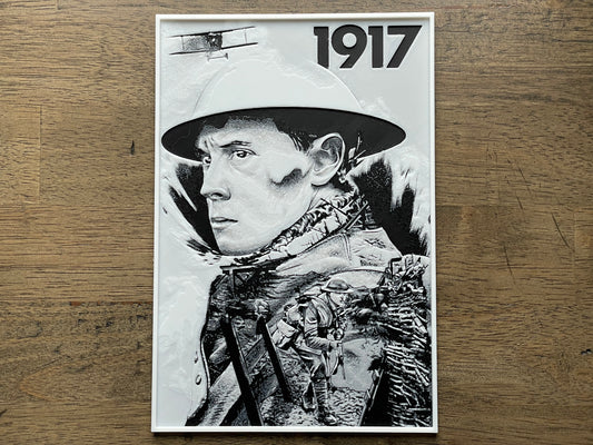 Poster of a soldier with '1917' on a wooden surface