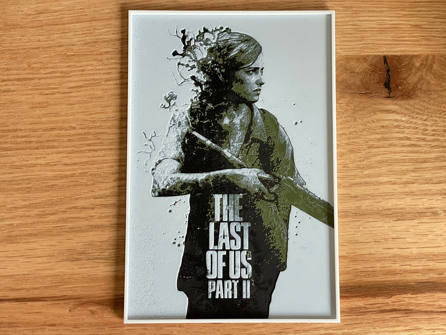 Poster of a character from 'The Last of Us Part II' on a wooden surface