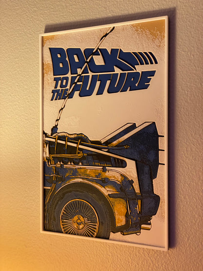 Decorative wall art with 'Back to the Future' text and a vintage car design on a beige background.