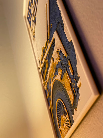 Decorative wall art with a car design on a plain background