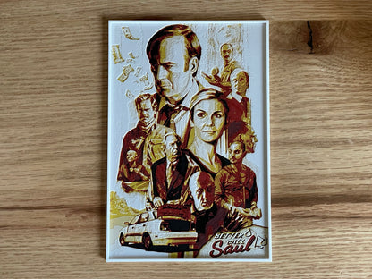 poster with a stylized illustration of a family and car on a wooden surface