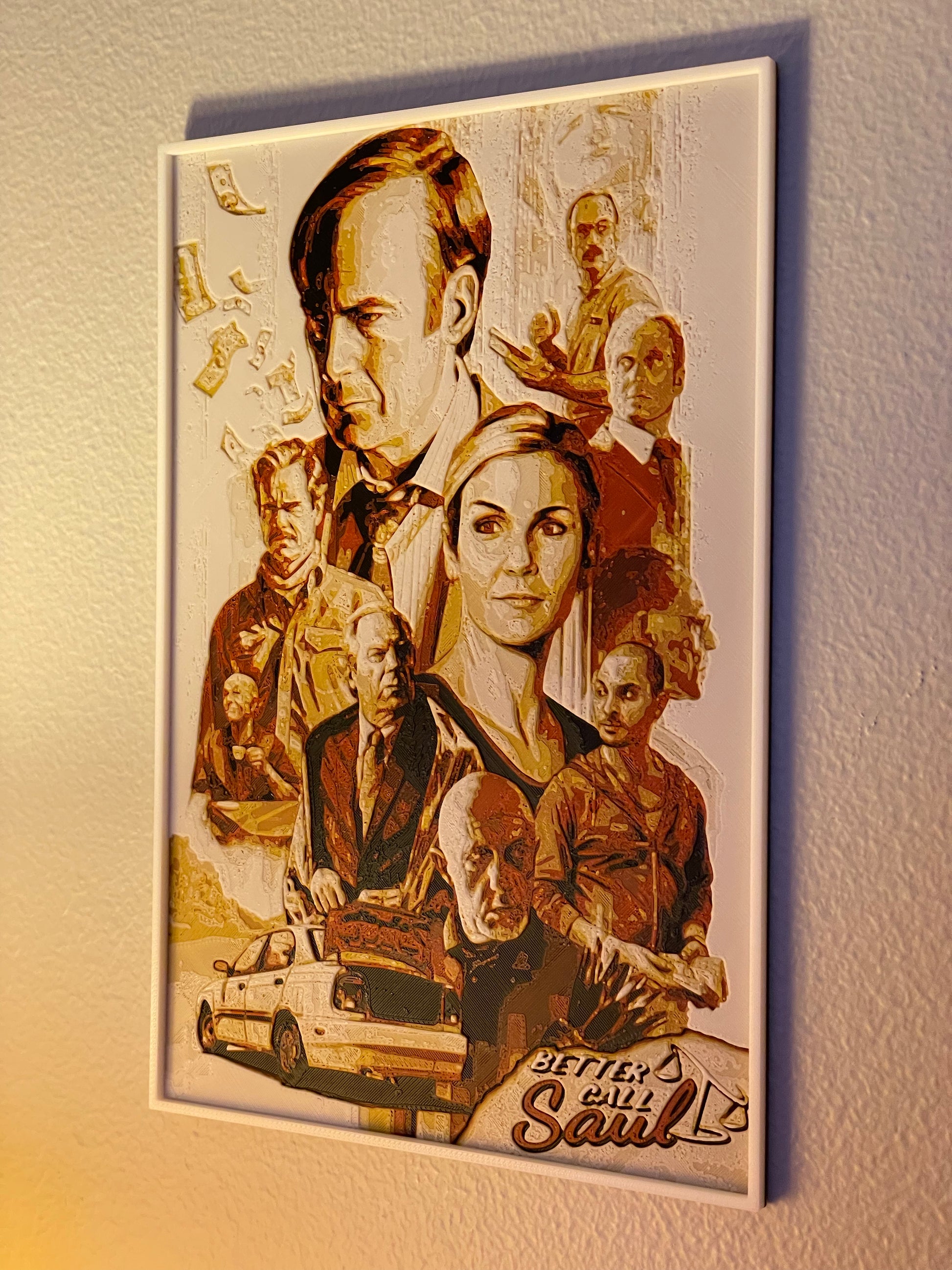 Collage of various faces and a car on a framed poster with text.