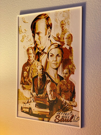Collage of various faces and a car on a framed poster with text.