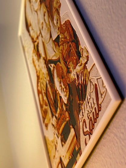 Decorative wall art with a collage of images and 'better call saul' text on a plain background