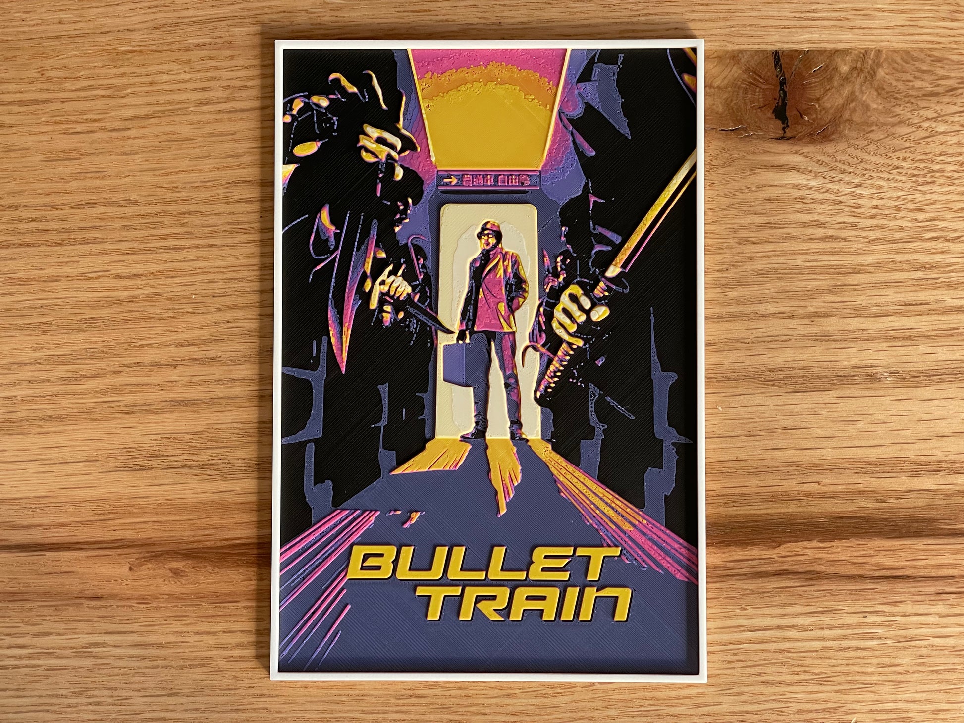 Poster of 'Bullet Train' with stylized characters on a wooden surface