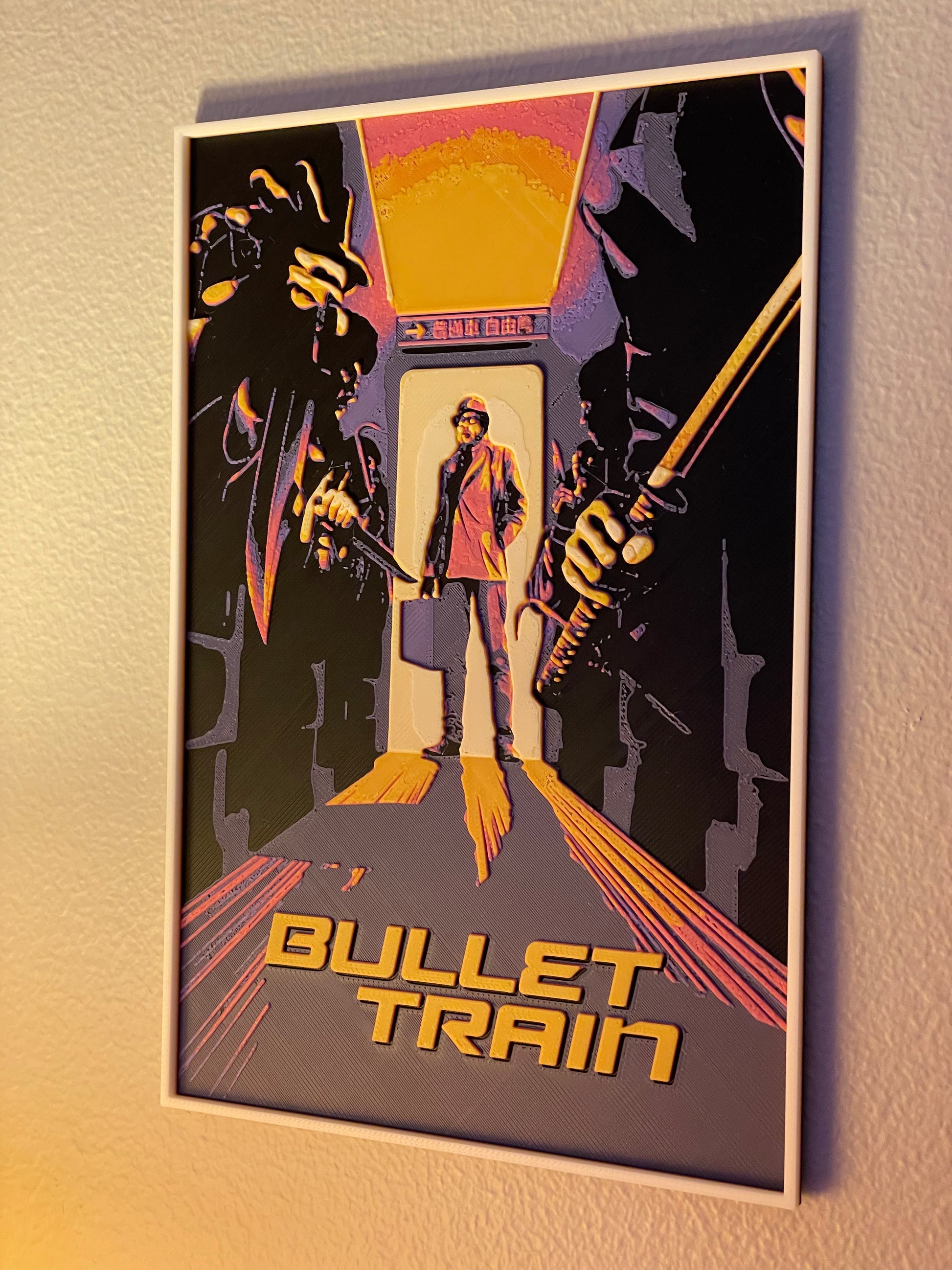 Poster of 'Bullet Train' with stylized illustration of a character holding a case.