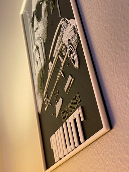 Metallic plaque with engraved design and text on a textured surface