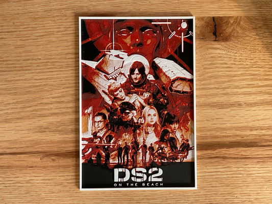 Poster of 'DS2 On The Beach' with characters on a wooden surface