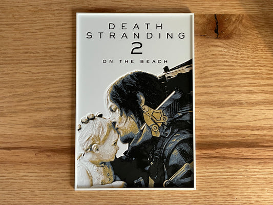 Poster for 'Death Stranding 2: On the Beach' on a wooden surface