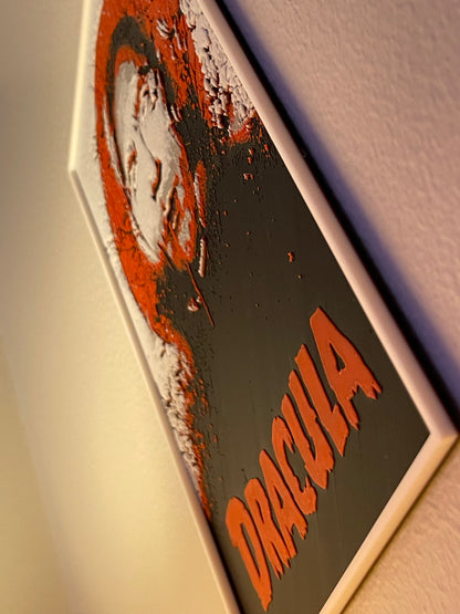 Decorative sign with 'Dracula' text and a vampire illustration on a plain background