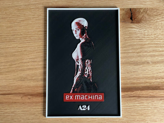 Movie poster for 'ex machina' on a wooden surface