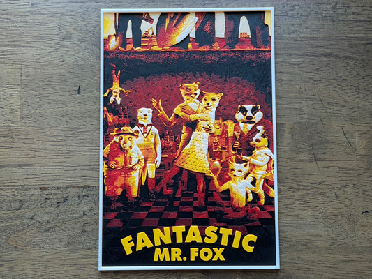 Poster of 'Fantastic Mr. Fox' with stylized animal characters on a checkered background.