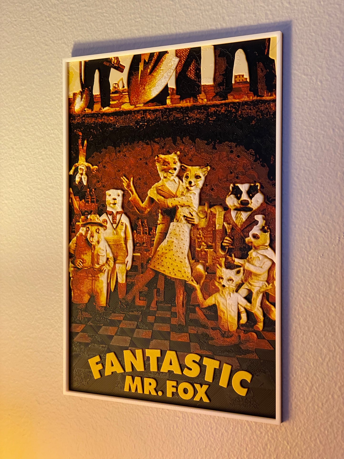Poster of 'Fantastic Mr. Fox' with animated fox characters on a wall.