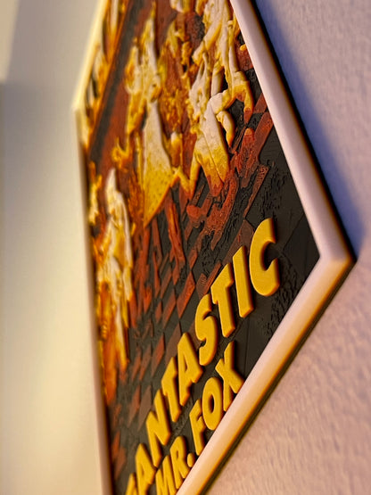 Decorative plaque with 'Fantastic Mr. Fox' text and fox illustrations on a textured surface.