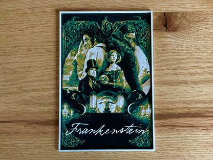 Poster of 'Frankenstein' with characters on a wooden surface