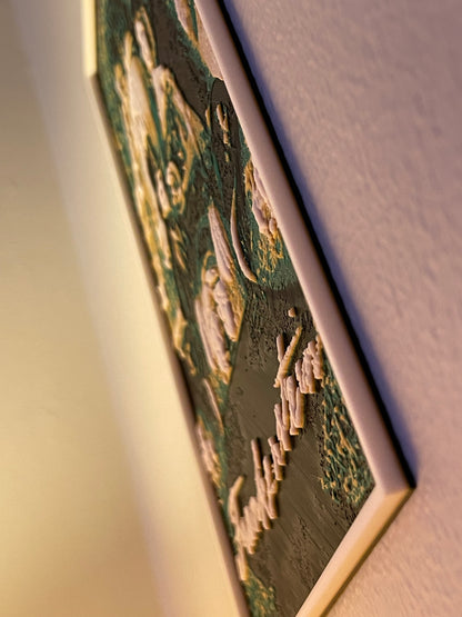 Close-up of a textured green surface with embossed patterns