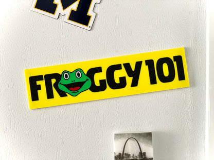 Froggy 101 sticker on a white surface with a logo in the corner.