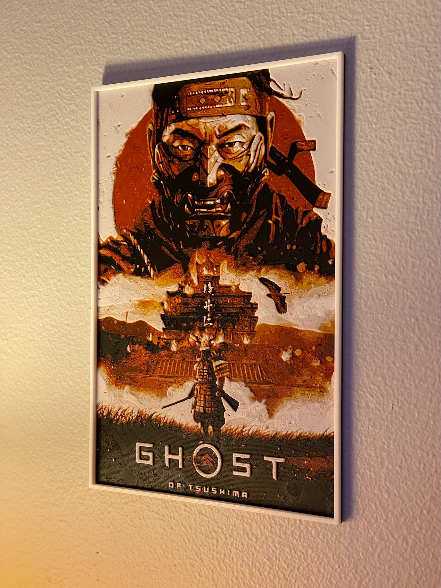 Poster of a character in a helmet with a castle in the background, titled 'Ghost of Tsushima'.