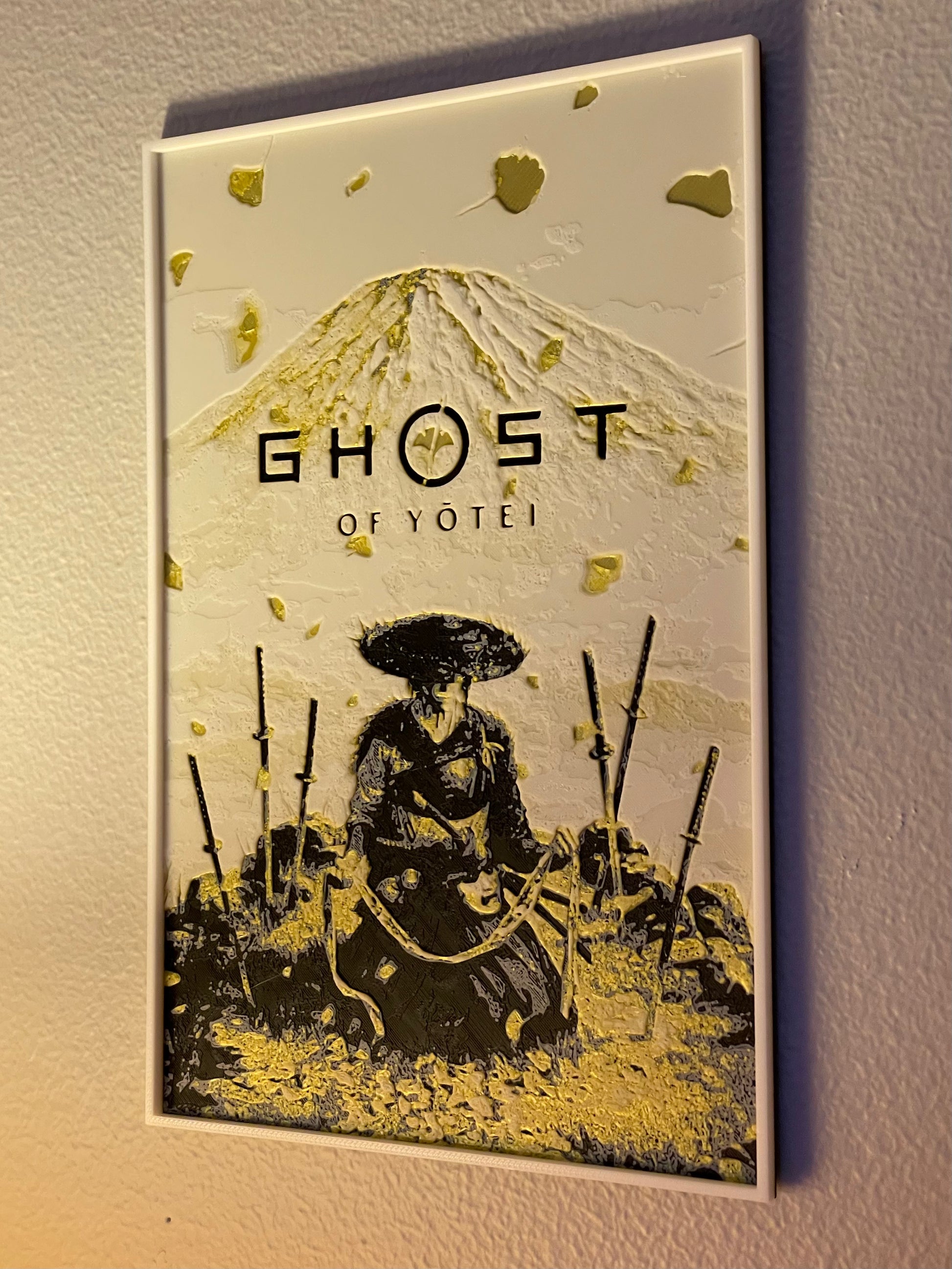 Product poster for 'Ghost of Yotei' with a mountain and samurai design on a beige background.