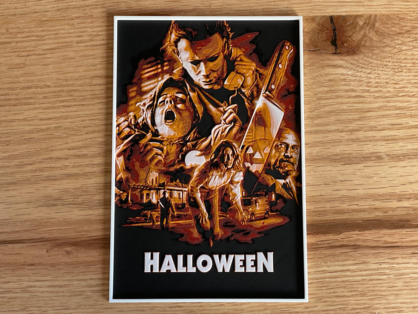Movie poster for 'Halloween' featuring a wooden carving and text on a wooden surface
