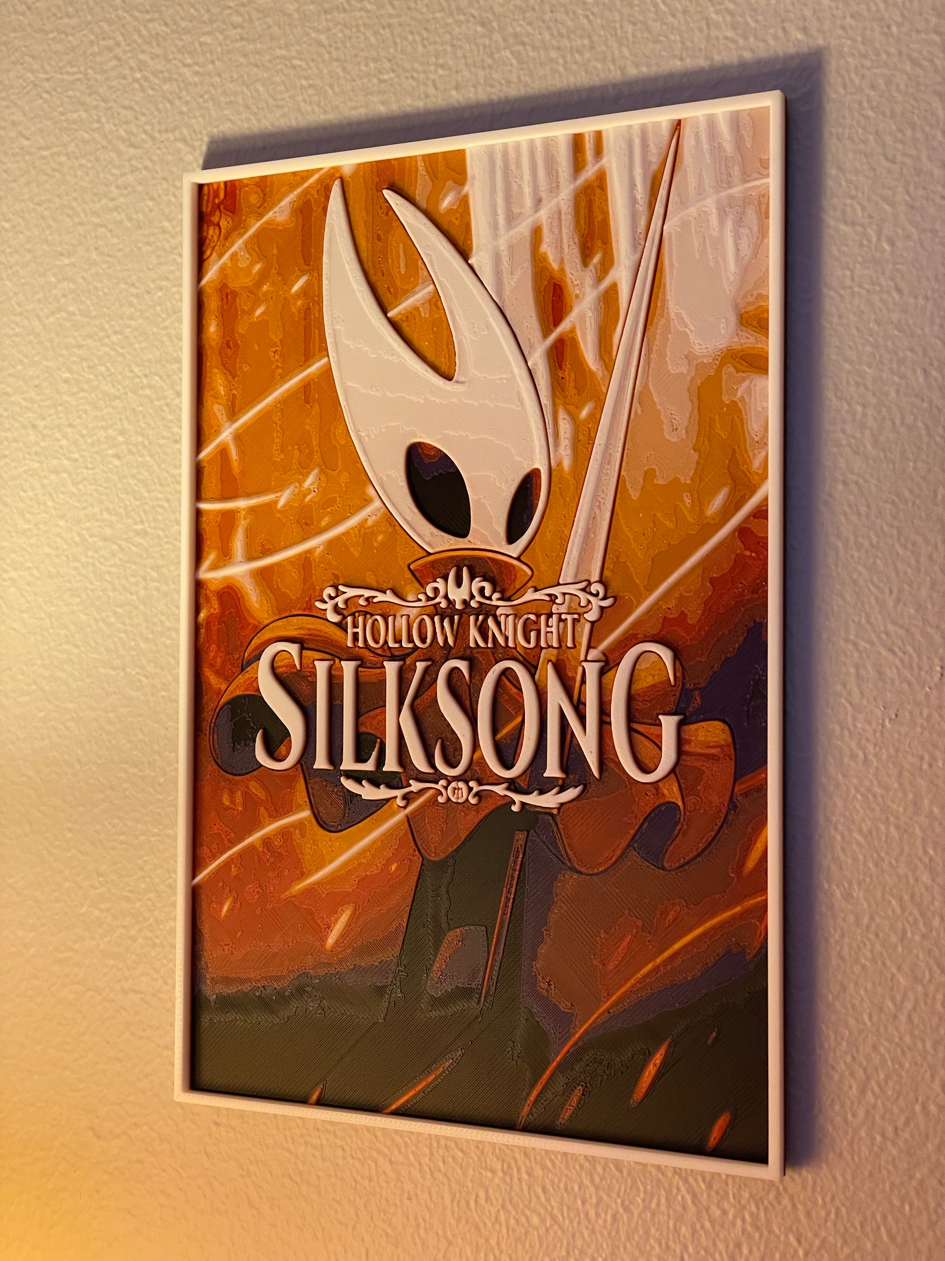 Promotional poster for 'Hollow Knight: Silksong' with a stylized character on a textured background.