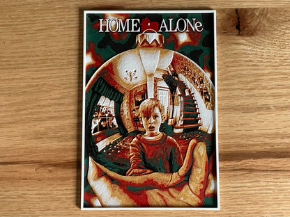 Poster of a child in a room with 'Home Alone' text on a wooden surface