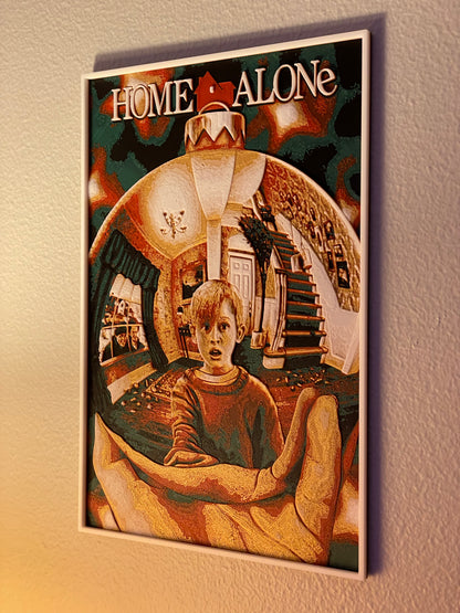 Poster of a scene from 'Home Alone' on a wall.