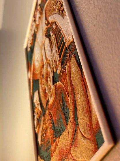Close-up of a decorative wall piece with intricate designs on a plain background