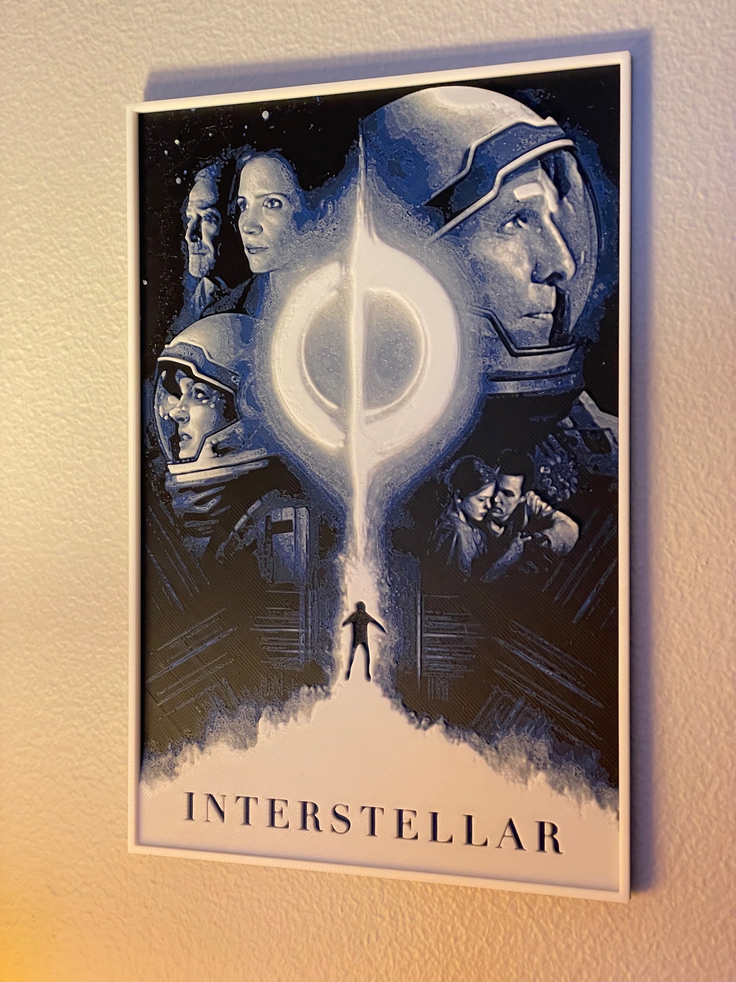 Poster of 'Interstellar' movie with characters and a central emblem on a textured wall.