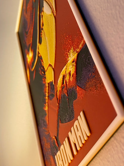 Close-up of a product with 'iron man' branding on a textured surface.