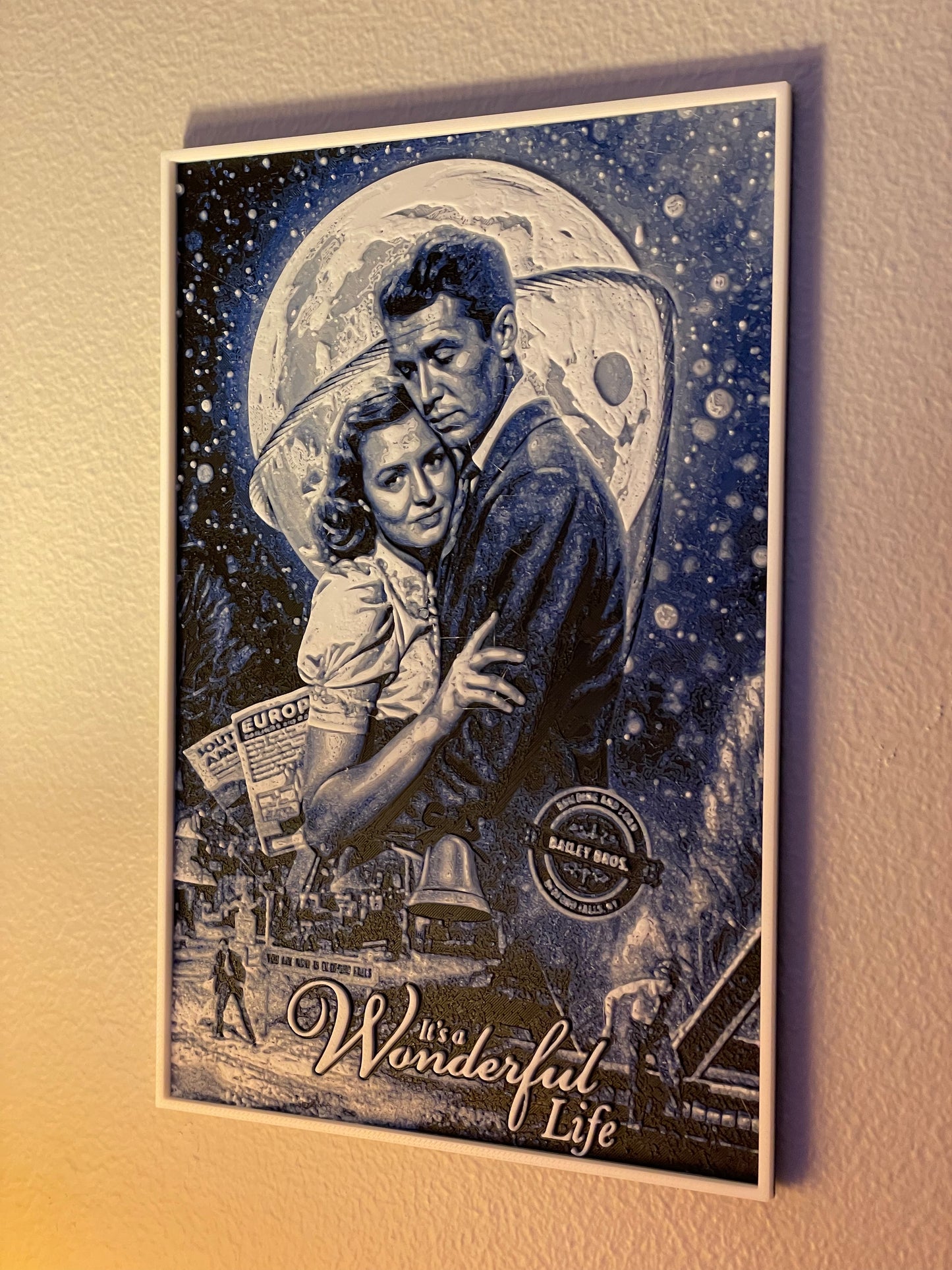 Poster of a couple embracing with a moon in the background, featuring the text 'It's a Wonderful Life'.