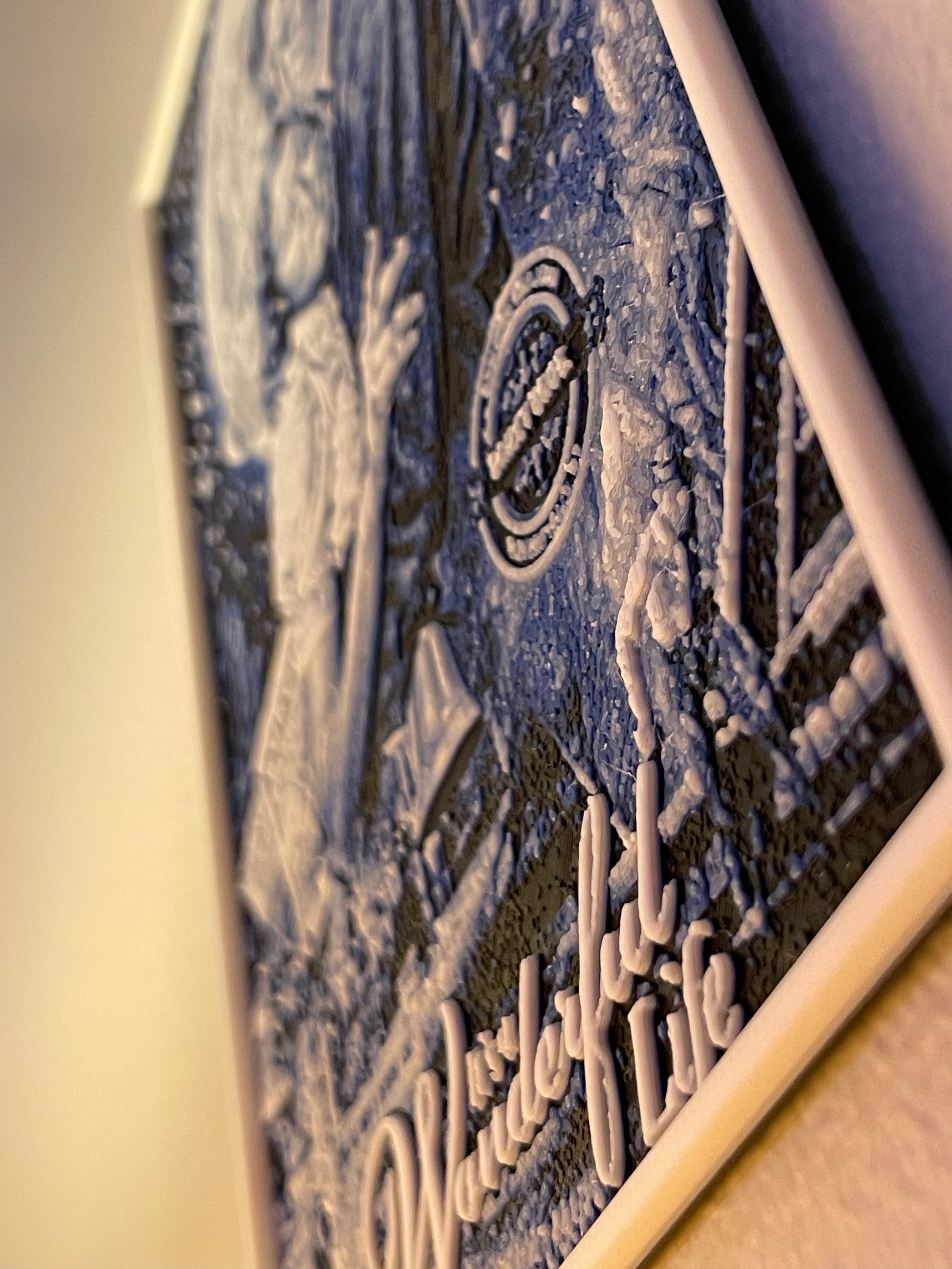 Close-up of a textured surface with embossed text and design