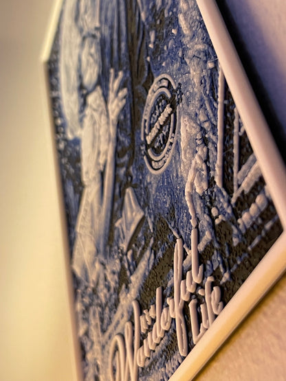 Close-up of a textured surface with embossed text and design