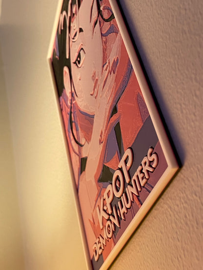Anime-style character on a framed poster with 'KPOP Demon Hunters' text.
