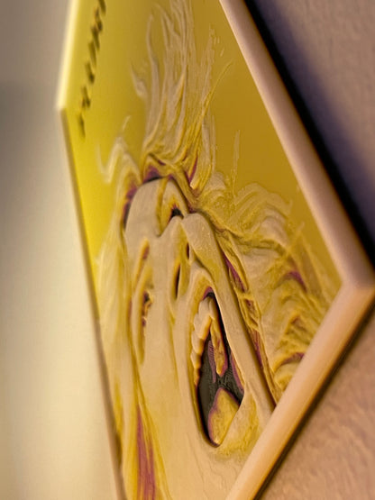 Close-up of a yellow light switch with artistic design