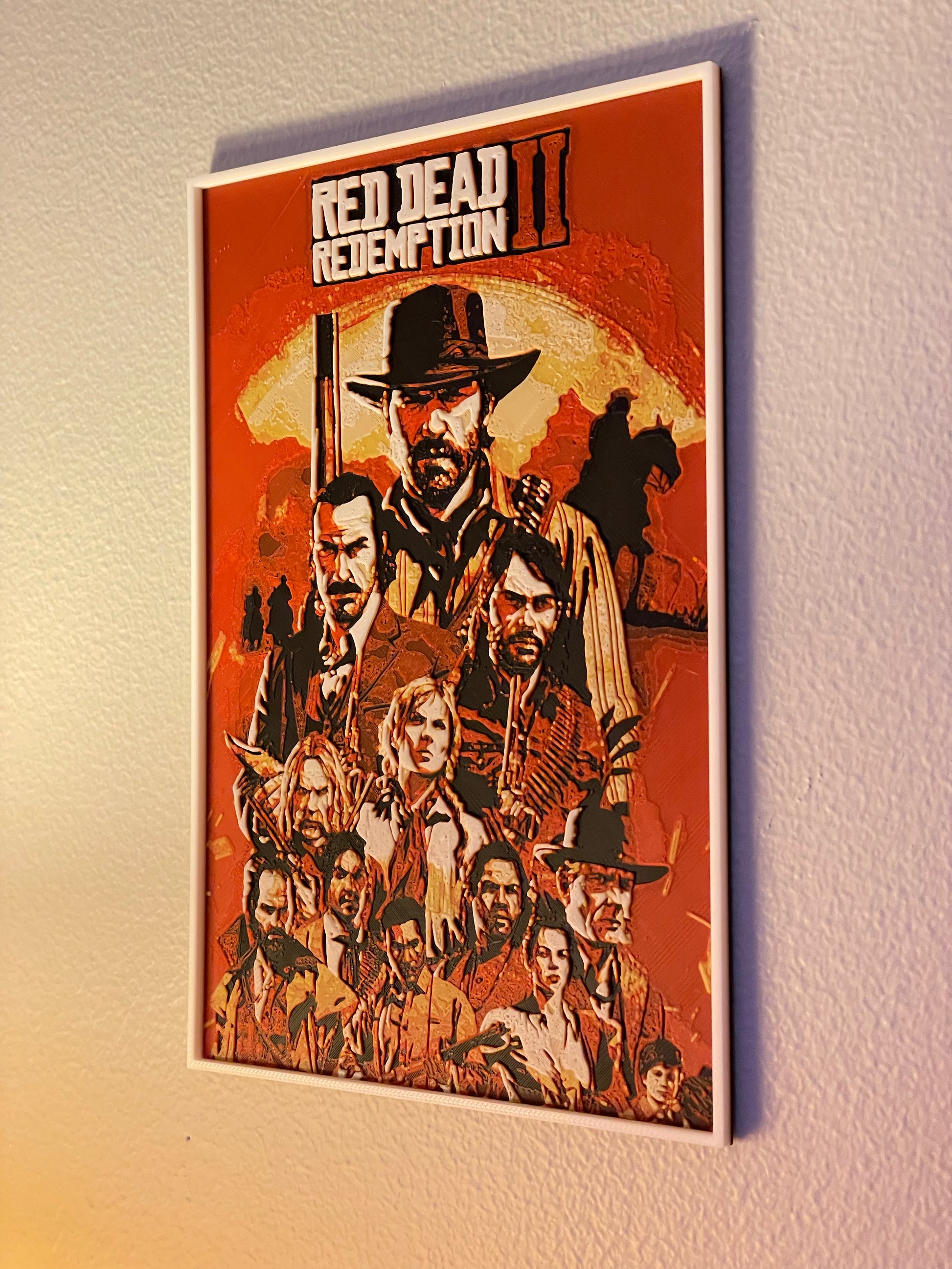 Poster of 'Red Dead Redemption II' game characters on a textured wall.
