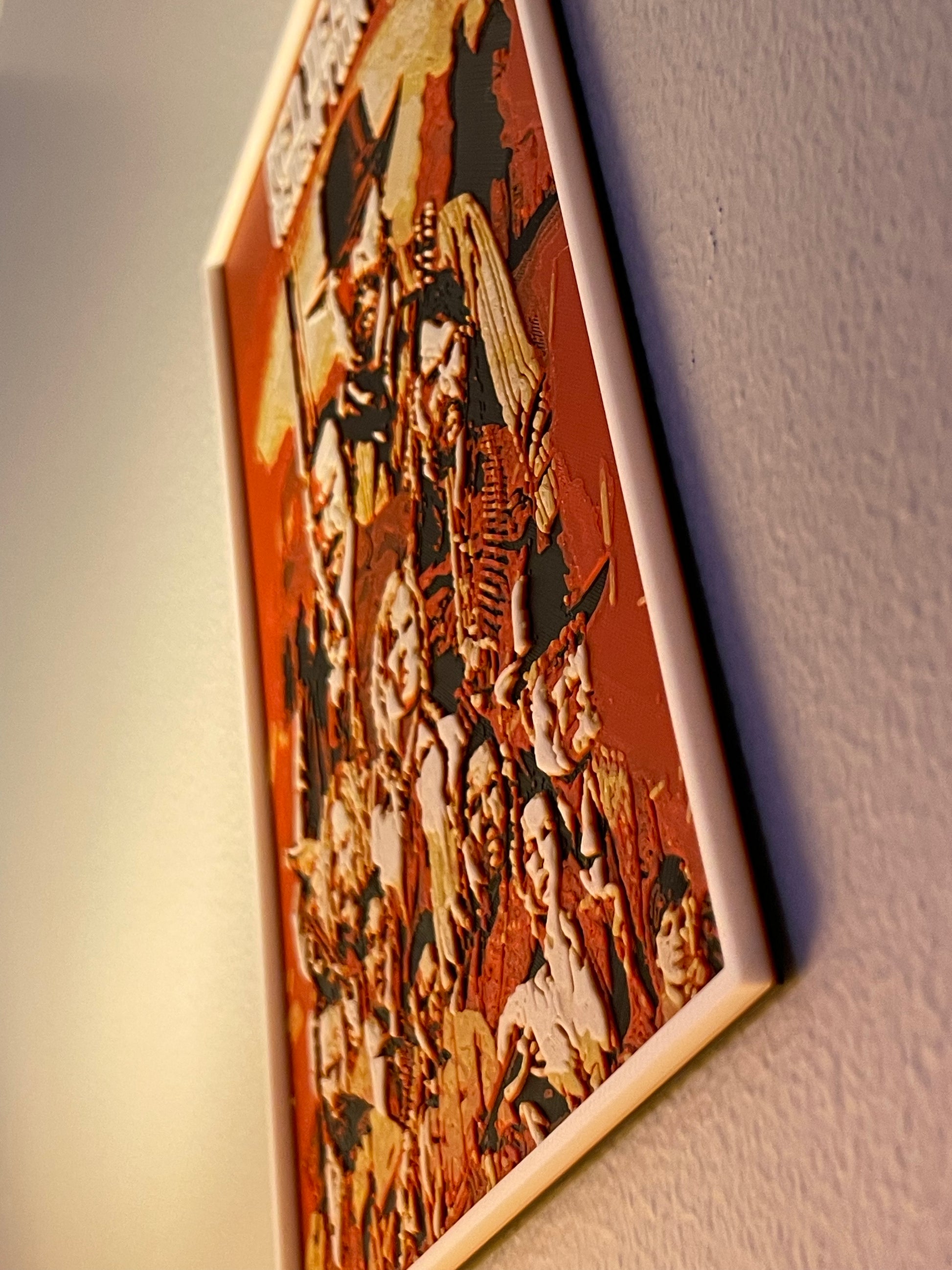 Decorative wall art with a geometric pattern on a plain wall.