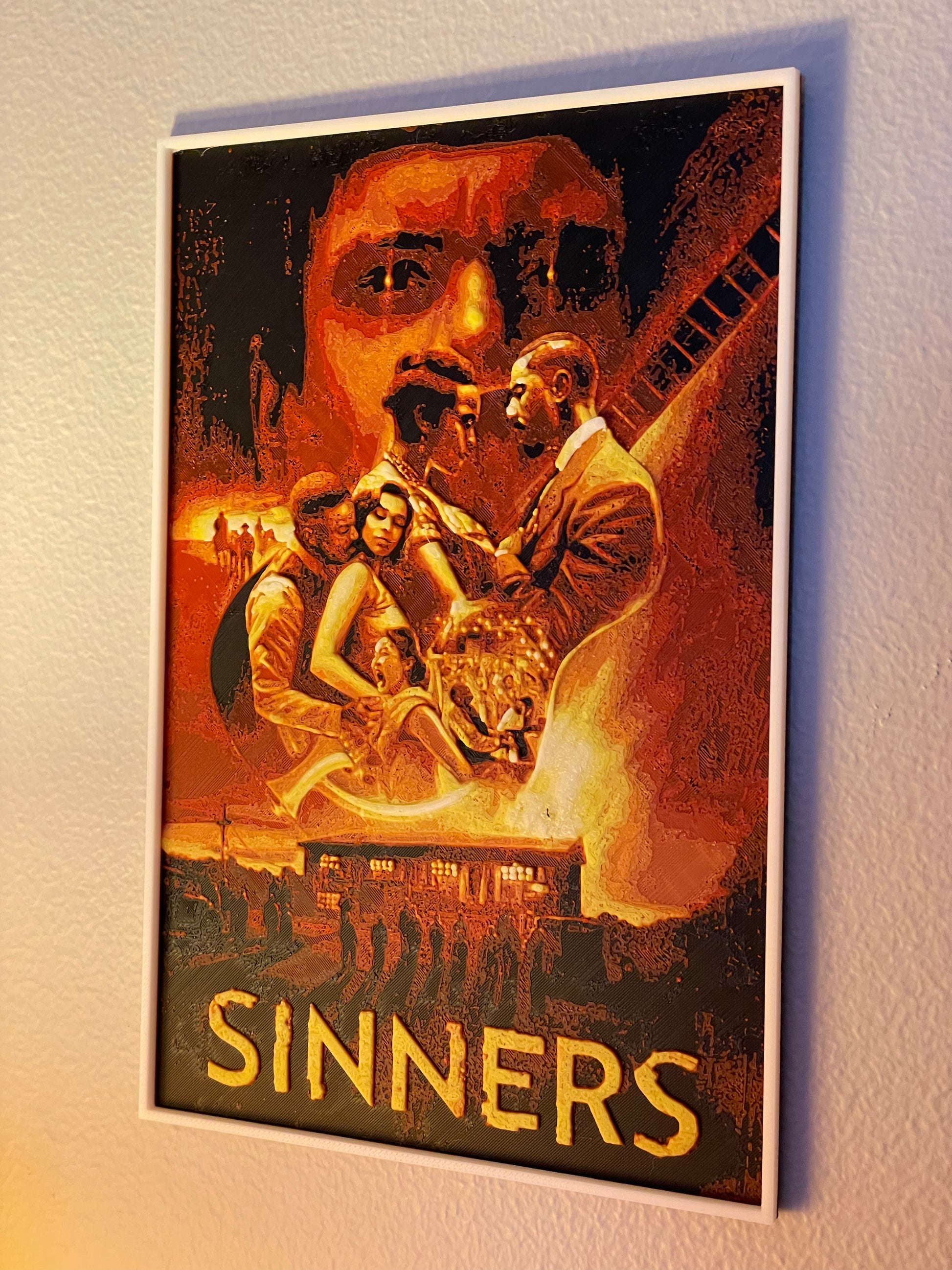 Vintage-style poster titled 'Sinners' with dramatic artwork on a textured wall.