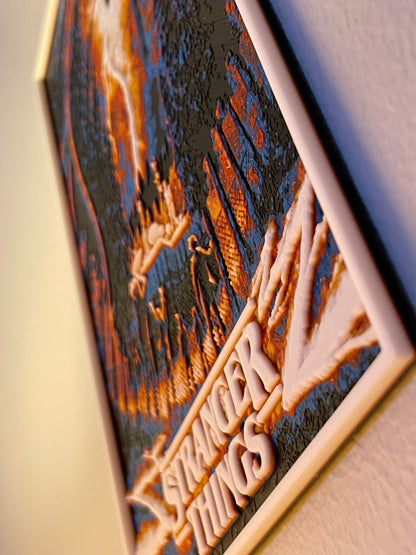 Decorative plaque with 'Stranger Things' text and artistic design on a textured surface