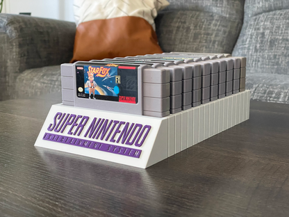 Super Nintendo Entertainment System console with games on a wooden table