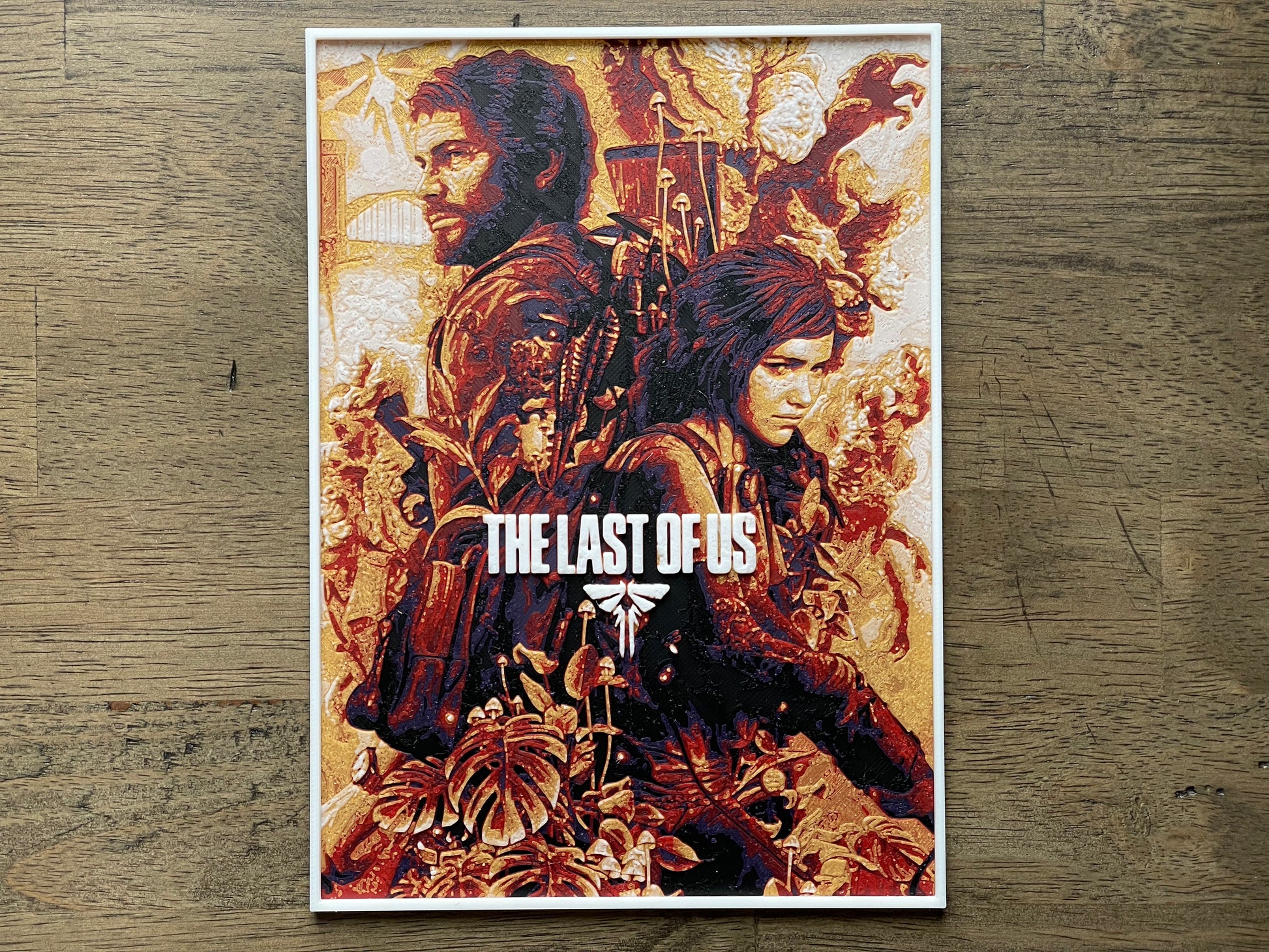 Poster of 'The Last of Us' game on a wooden surface