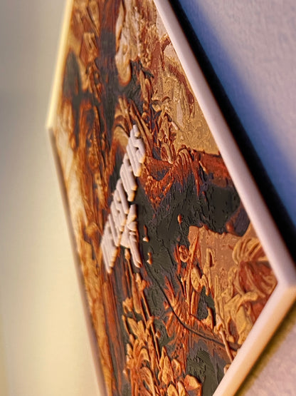 Close-up of a wooden panel with intricate carvings and a blue object in the background
