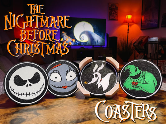 Set of coasters with 'The Nightmare Before Christmas' characters on a wooden surface, with a TV displaying the movie in the background.
