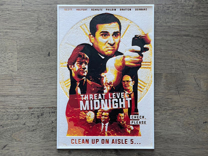 Movie poster for 'Threat Level Midnight' with characters and text on a wooden surface