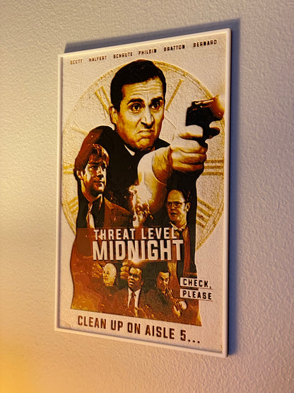 Movie poster for 'Threat Level Midnight' with a stylized design on a wall.