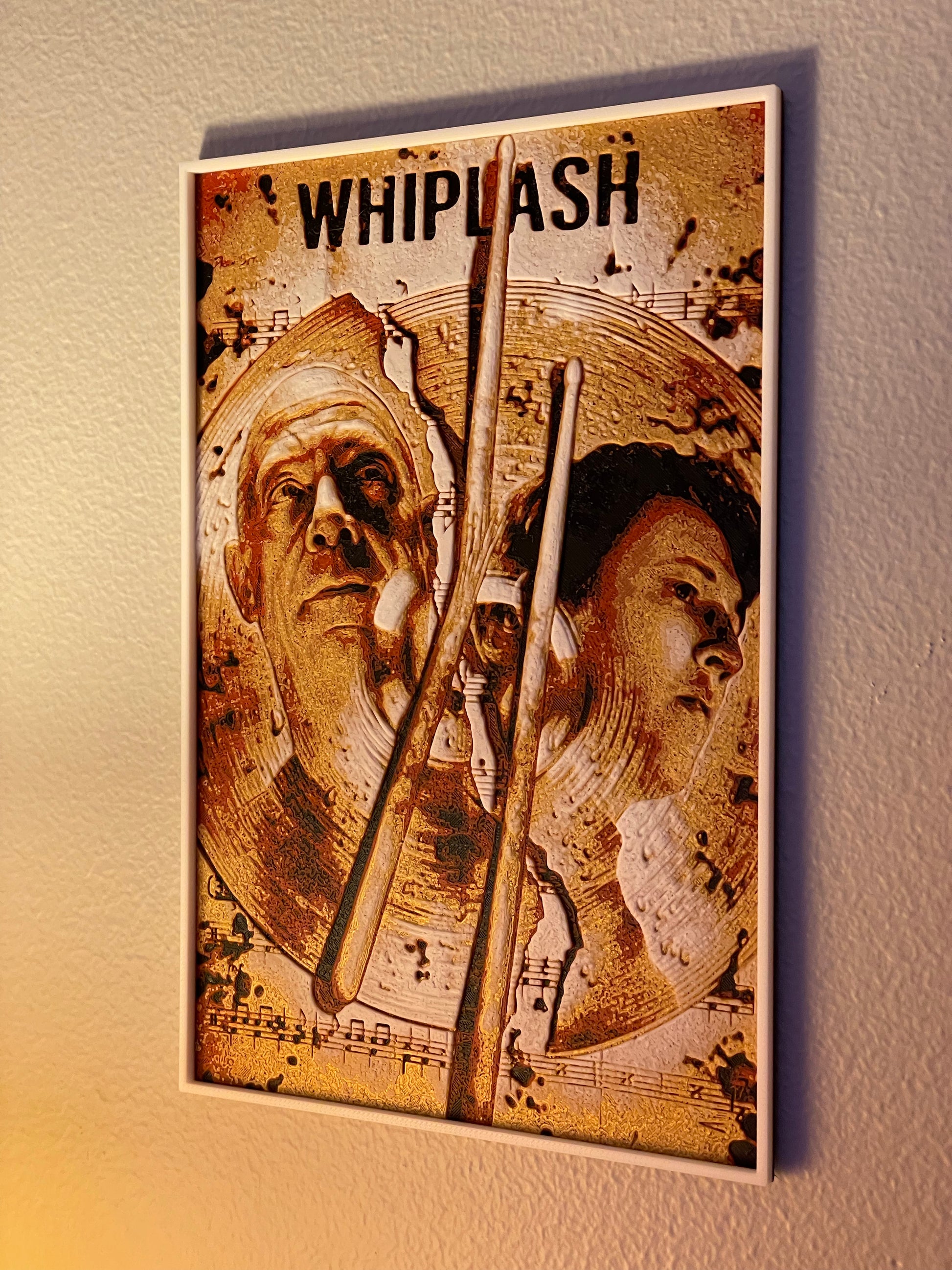 Decorative poster for 'Whiplash' with two faces and drumsticks on a musical note background.