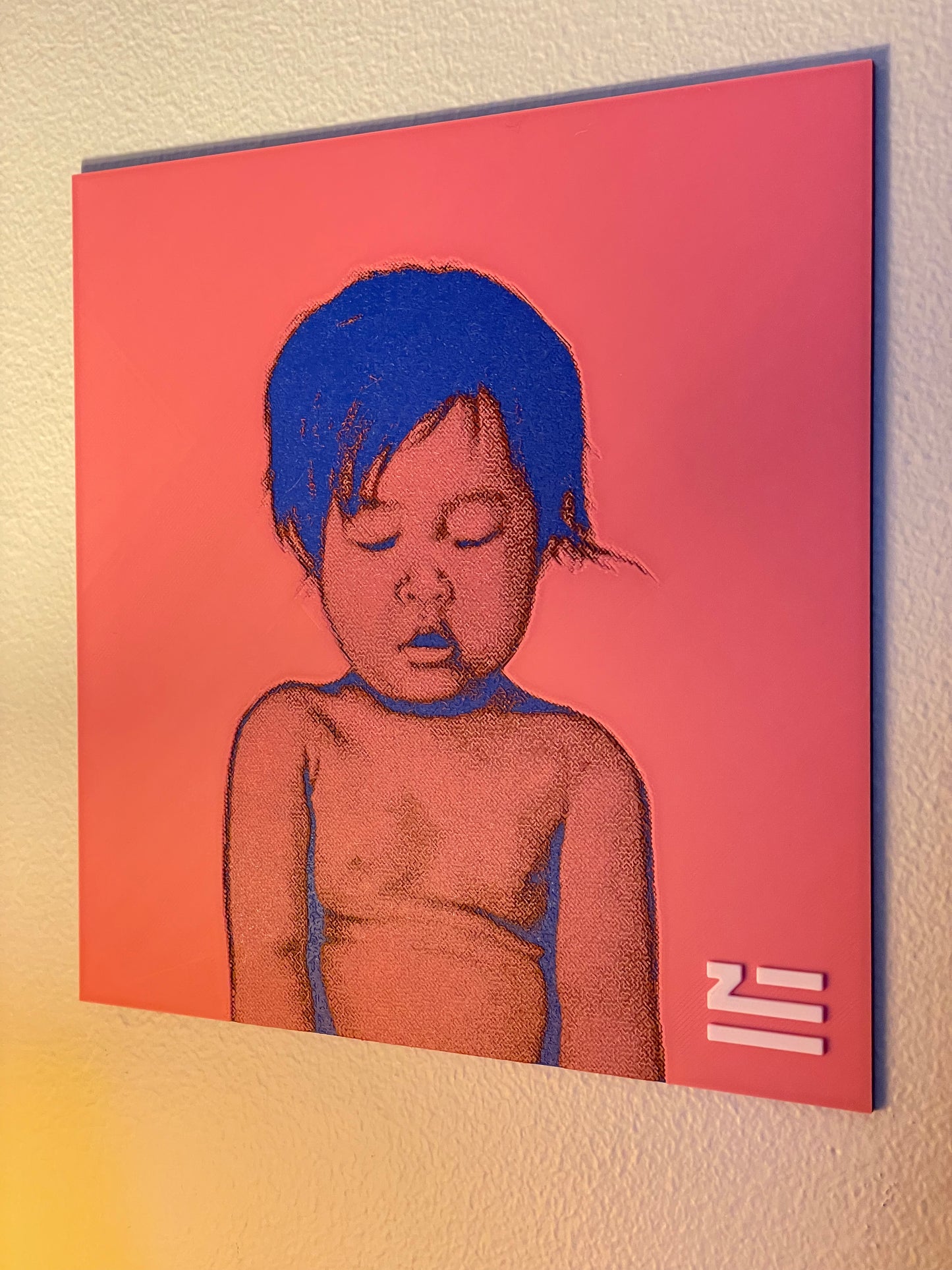 Artistic depiction of a child with blue hair on a pink background